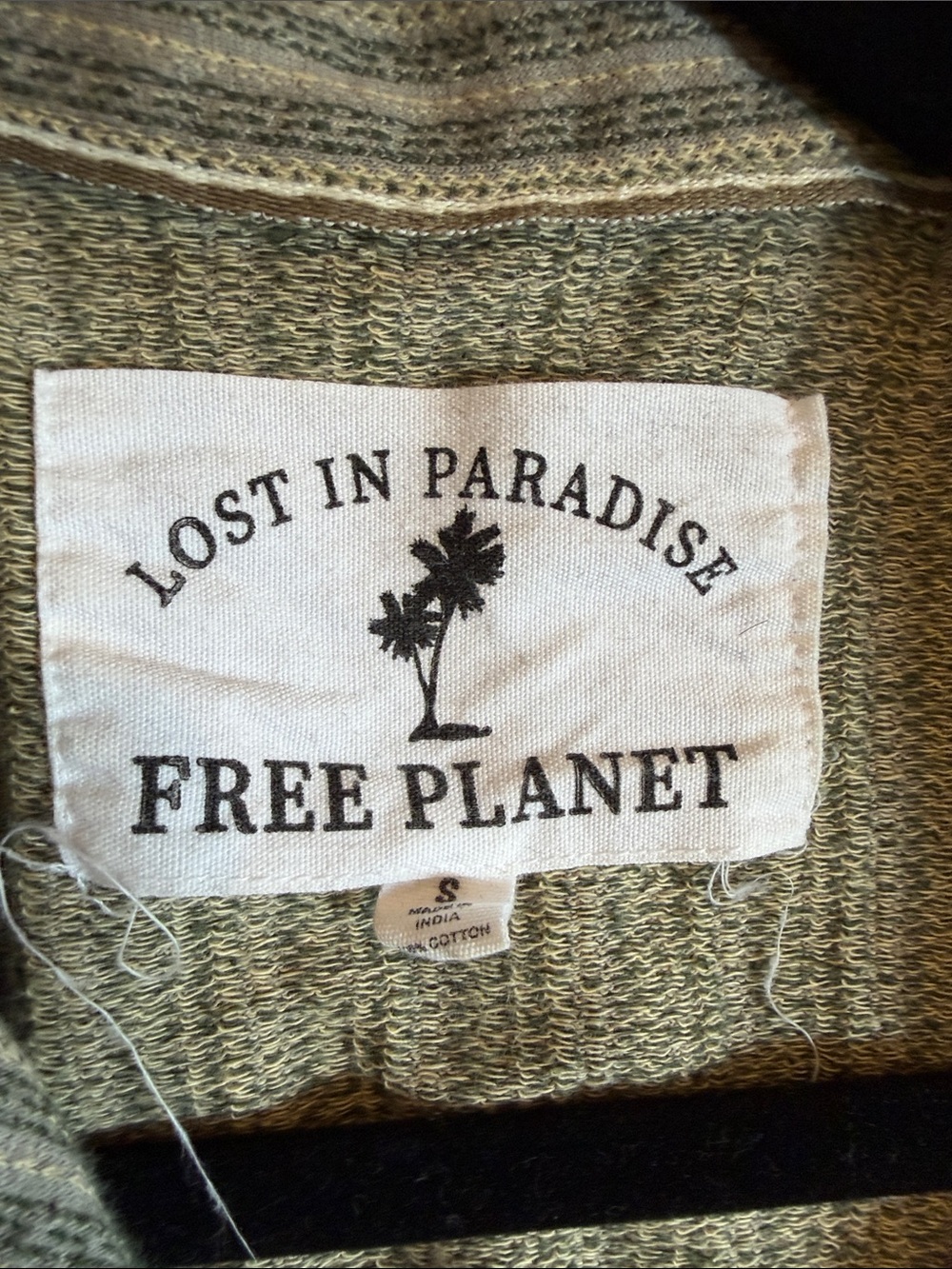 Free Planet Men's Short Sleeve Button-Up Shirt in Olive and Tan Stripe - Picture 2 of 5